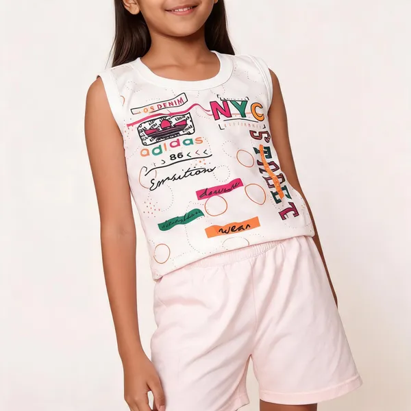 White_Cotton_Graphic_Sleeveless_Top_&_Shorts_Set_For_Kids