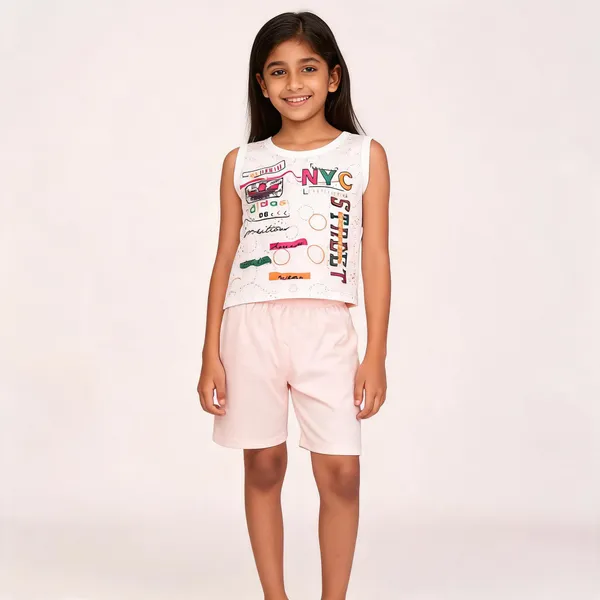 White_Cotton_Graphic_Sleeveless_Top_&_Shorts_Set_For_Kids