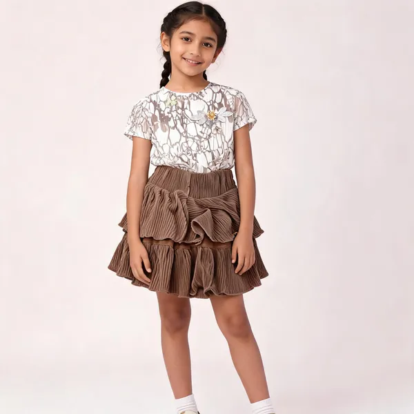 White_And_Brown_Mesh_Pleated_Top_And_Skirt_Set_For_Girls