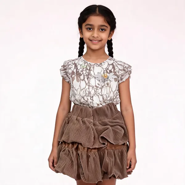 White_And_Brown_Mesh_Pleated_Top_And_Skirt_Set_For_Girls