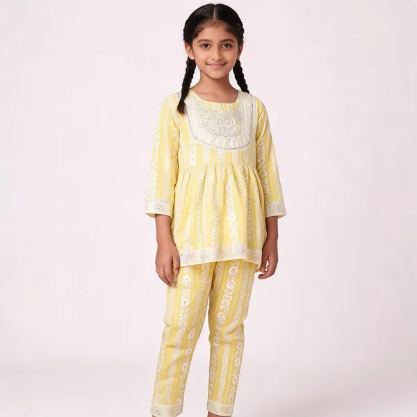 Yellow_Cotton_Printed_Kurta_And_Pants_Set_For_Girls