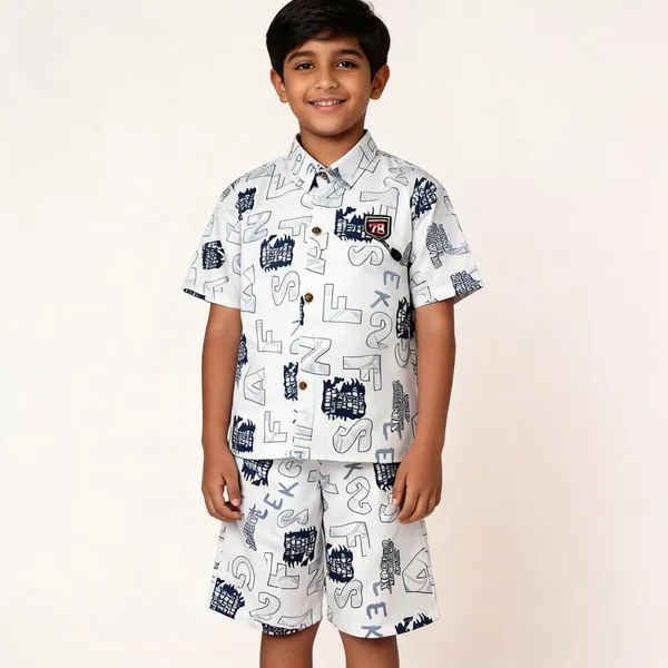 White_Cotton_Graphic_Shirt_&_Shorts_Set_For_Boys