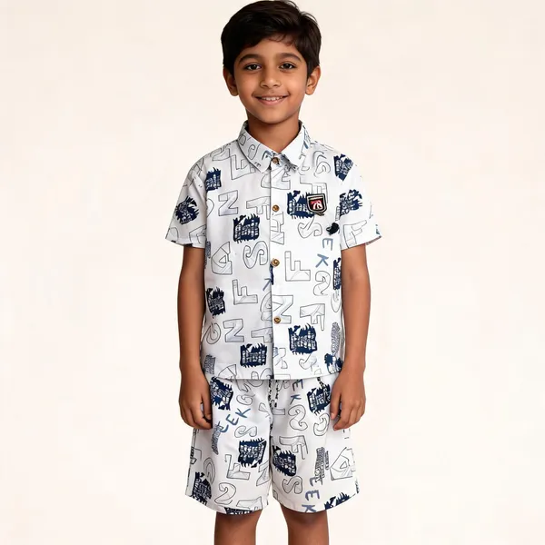 White_Cotton_Graphic_Shirt_&_Shorts_Set_For_Boys