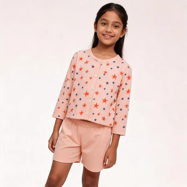 Peach_Cotton_Star_Print_Kurta_&_Shorts_Set_For_Kids