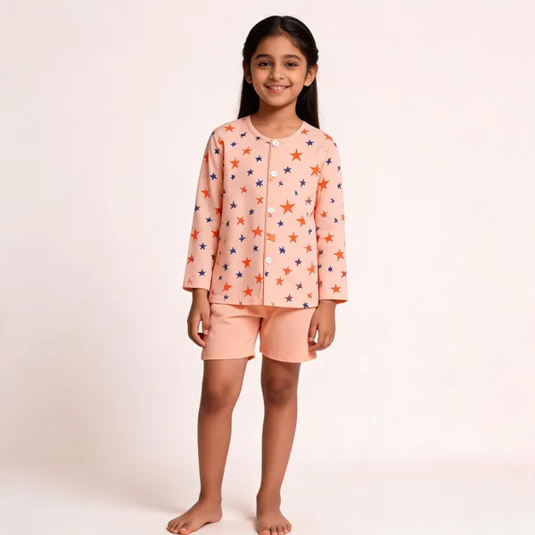 Peach_Cotton_Star_Print_Kurta_&_Shorts_Set_For_Kids