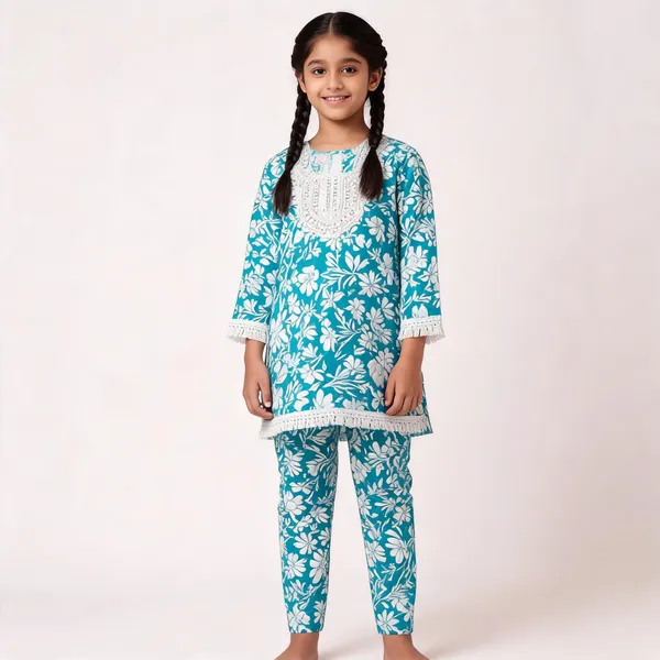 Turquoise_Cotton_Floral_Print_Kurta_Set_For_Girls