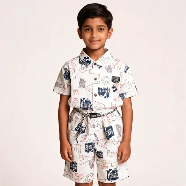 White_Cotton_Relaxed_Graphic_Shirt_And_Shorts_Set_For_Boys