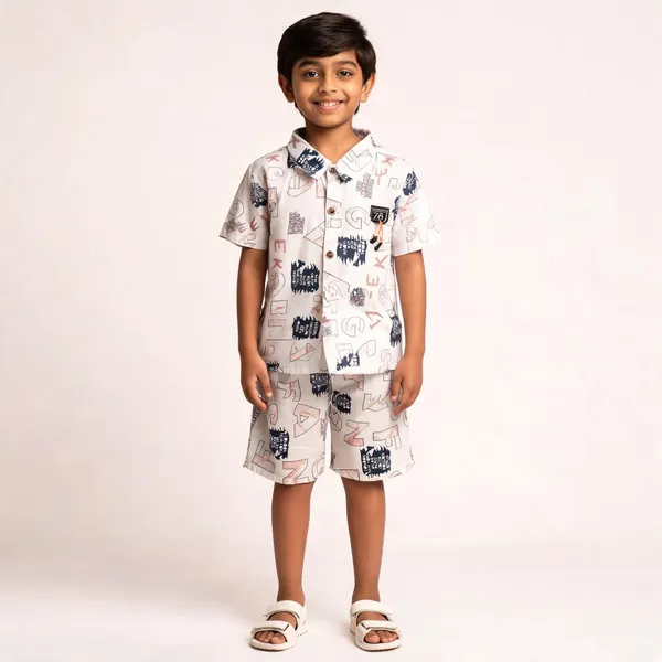 White_Cotton_Relaxed_Graphic_Shirt_And_Shorts_Set_For_Boys