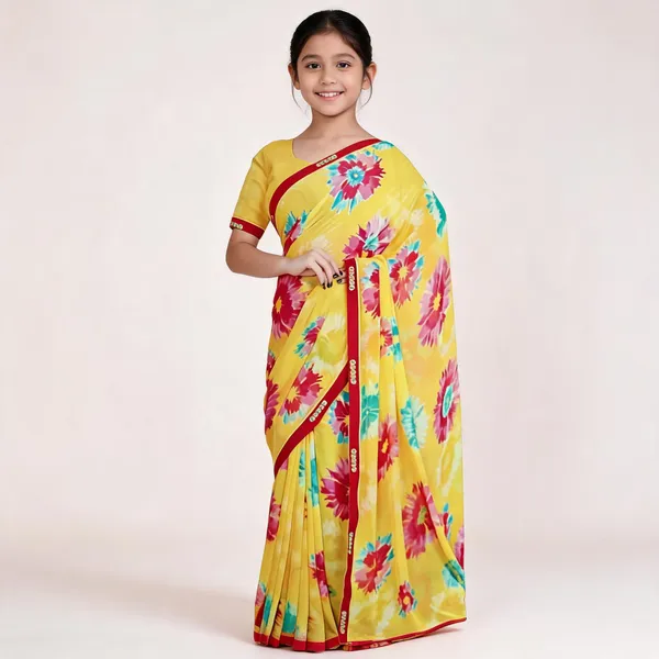 Yellow_Silk_Floral_Printed_Saree_For_Girls