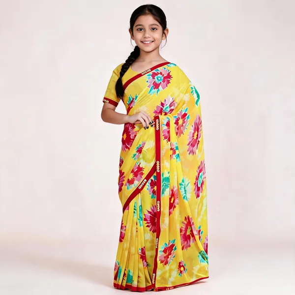 Yellow_Silk_Floral_Printed_Saree_For_Girls