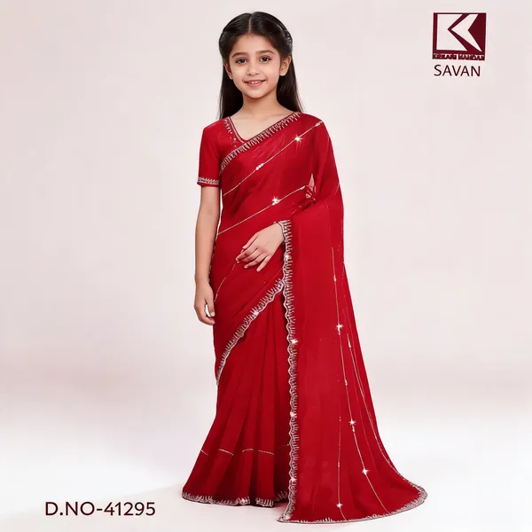 Red_Georgette_Embellished_Saree_For_Girls