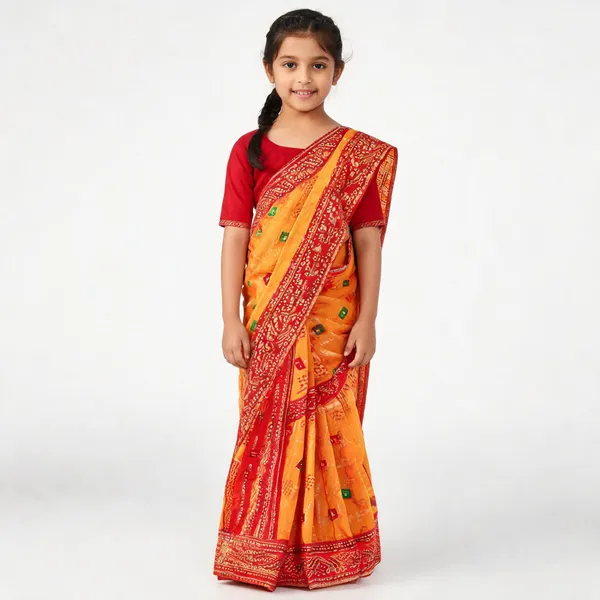 Red_And_Orange_Silk_Printed_Saree_For_Girls