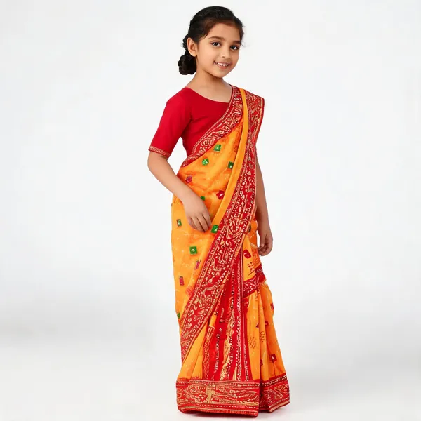 Red_And_Orange_Silk_Printed_Saree_For_Girls