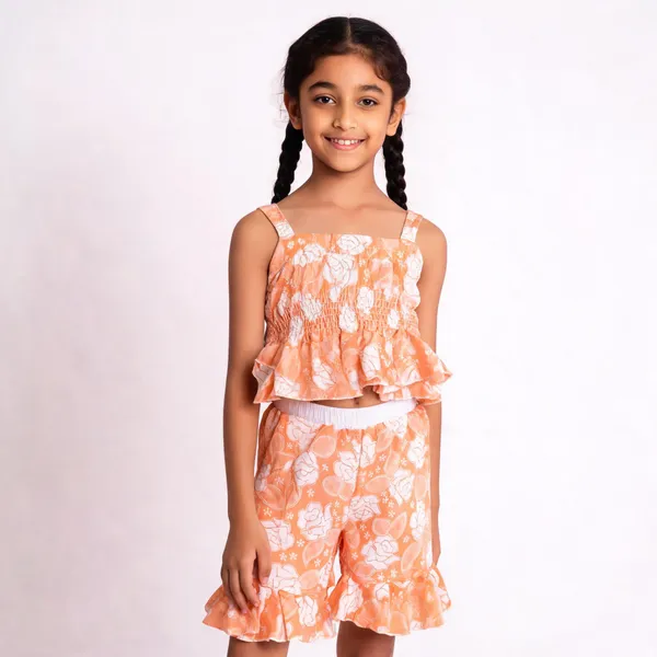 Peach_Cotton_Floral_Ruffle_Romper_For_Girls