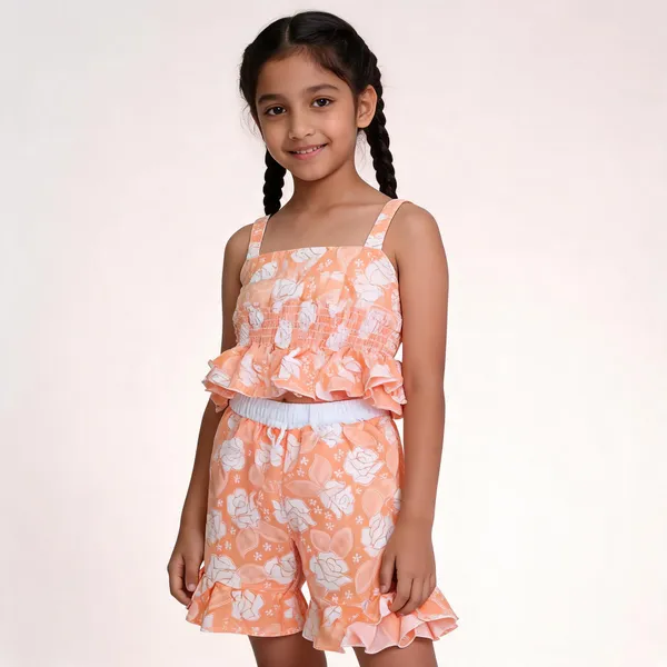 Peach_Cotton_Floral_Ruffle_Romper_For_Girls