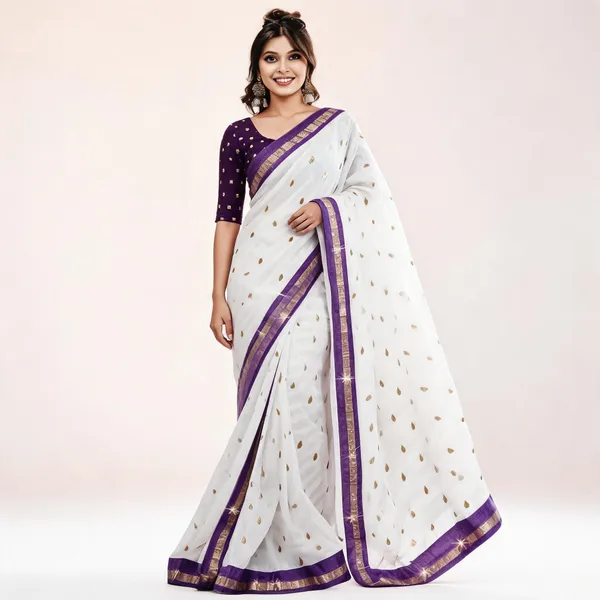 White_Georgette_Motif_Print_Saree_For_Women