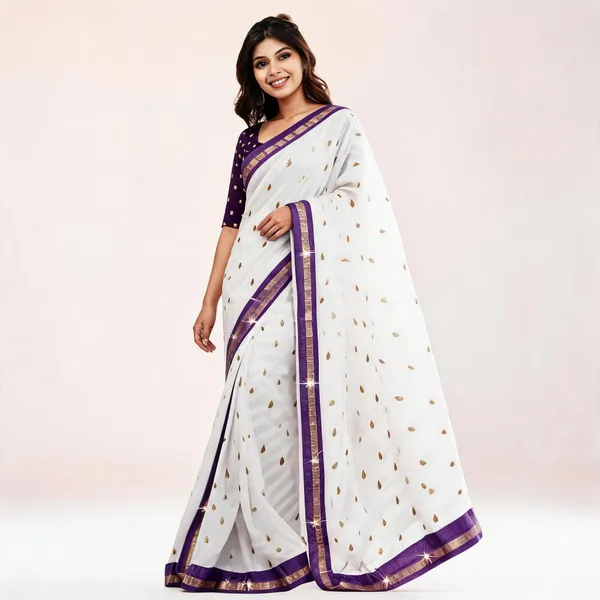 White_Georgette_Motif_Print_Saree_For_Women