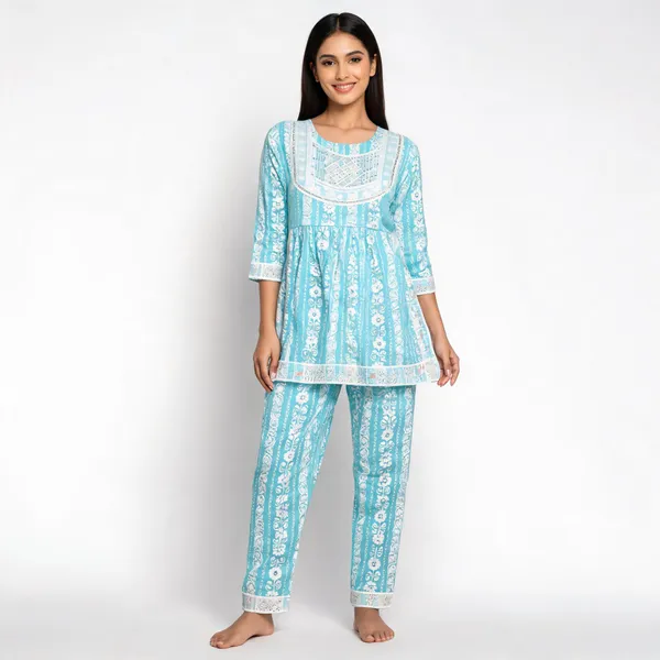 Aqua_Cotton_Floral_Print_Kurta_Pant_Set_For_Women