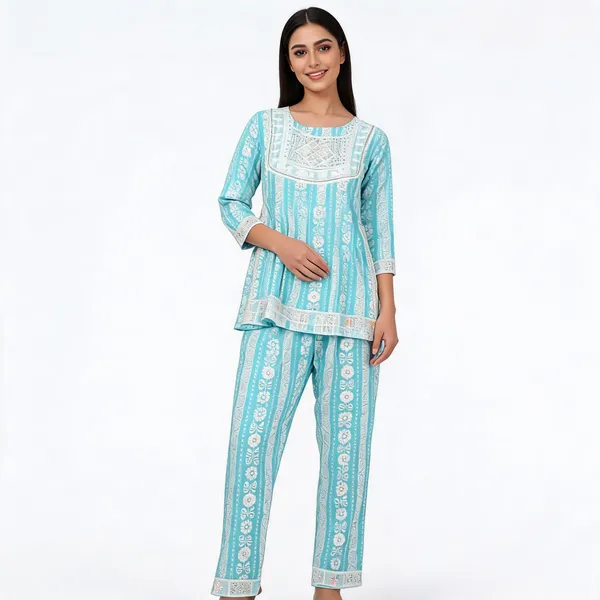 Aqua_Cotton_Floral_Print_Kurta_Pant_Set_For_Women