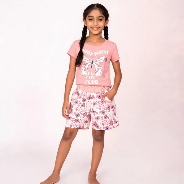 Pink_Cotton_Graphic_Short_Sleeve_Top_Shorts_Set_For_Girls