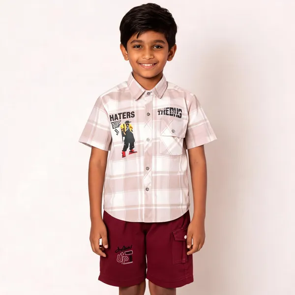 White_And_Maroon_Cotton_Plaid_Shirt_And_Cargo_Shorts_Set_For_Boys
