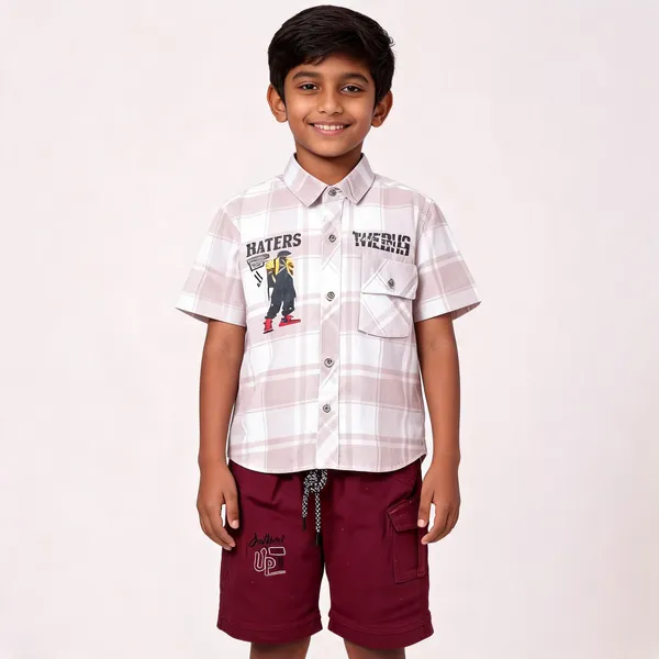 White_And_Maroon_Cotton_Plaid_Shirt_And_Cargo_Shorts_Set_For_Boys