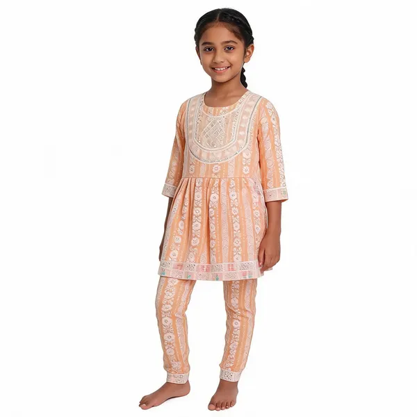 Peach_Cotton_Floral_Print_Kurta_Set_For_Girls