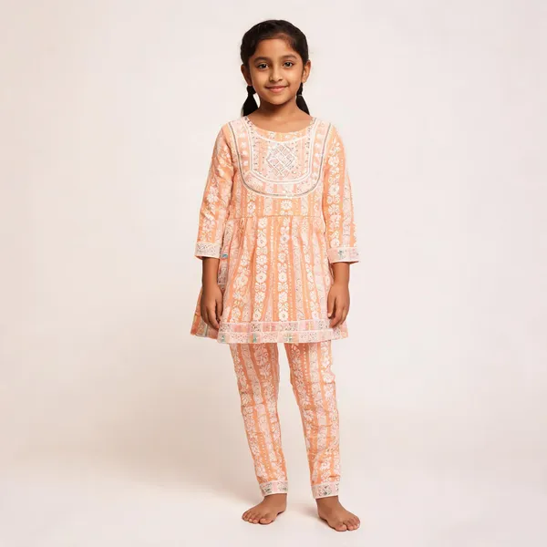 Peach_Cotton_Floral_Print_Kurta_Set_For_Girls
