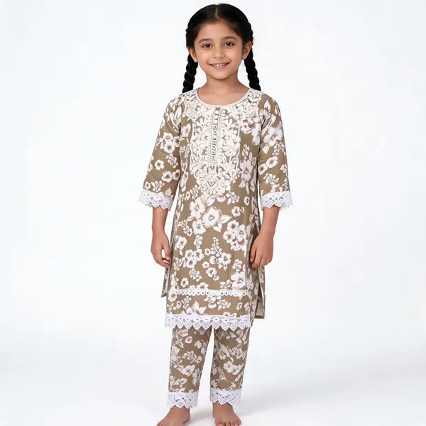 Beige_Cotton_Straight_Floral_Print_Kurta_Set_For_Girls