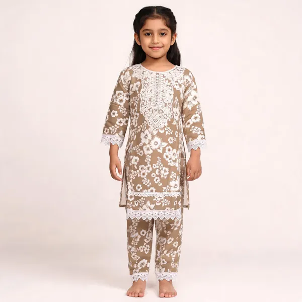 Beige_Cotton_Straight_Floral_Print_Kurta_Set_For_Girls
