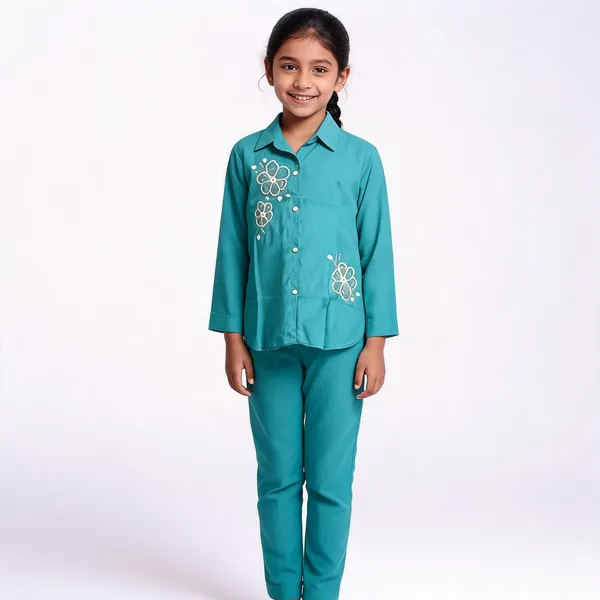 Teal_Mesh_Embroidered_Kurta_Set_For_Girls