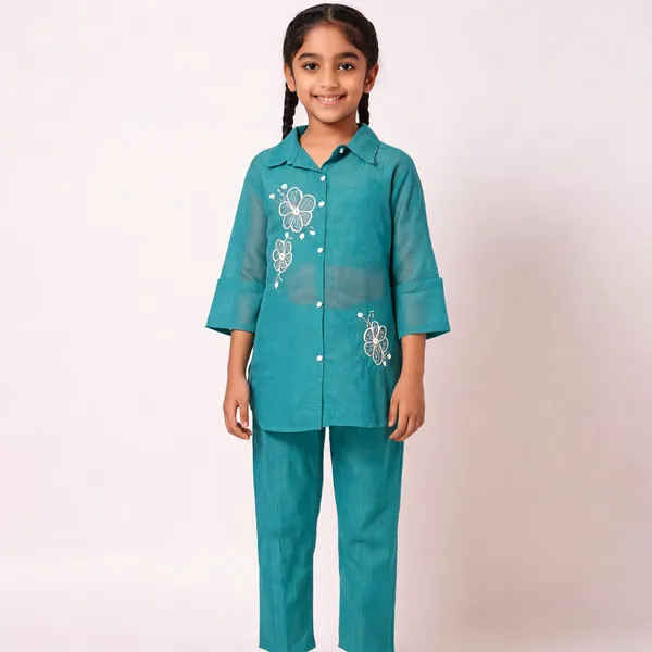 Teal_Mesh_Embroidered_Kurta_Set_For_Girls