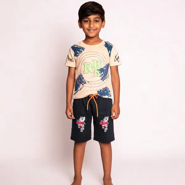 Cream_And_Navy_Cotton_Printed_T-Shirt_And_Shorts_Set_For_Boys