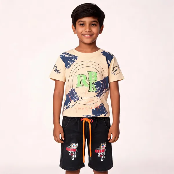 Cream_And_Navy_Cotton_Printed_T-Shirt_And_Shorts_Set_For_Boys