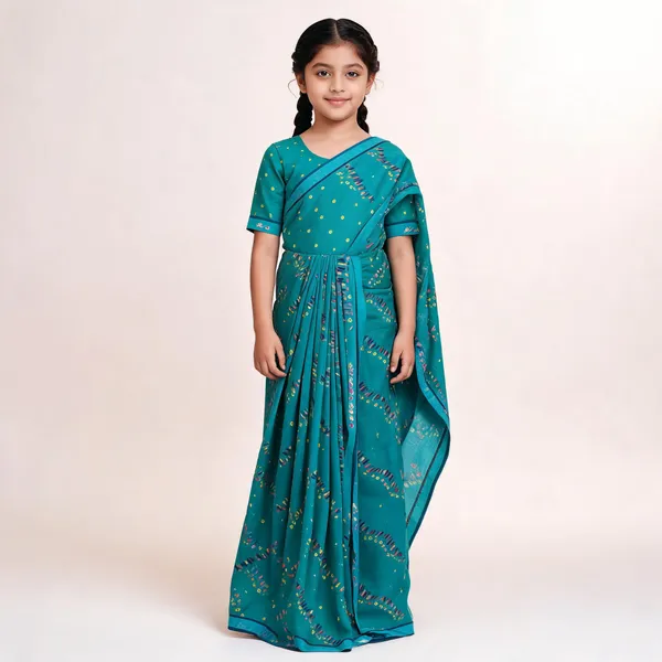 Teal_Silk_Geometric_Print_Saree_For_Girls
