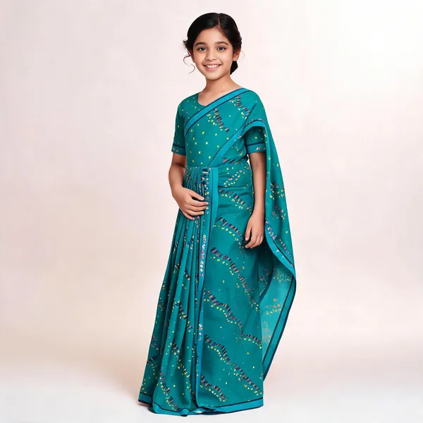 Teal_Silk_Geometric_Print_Saree_For_Girls