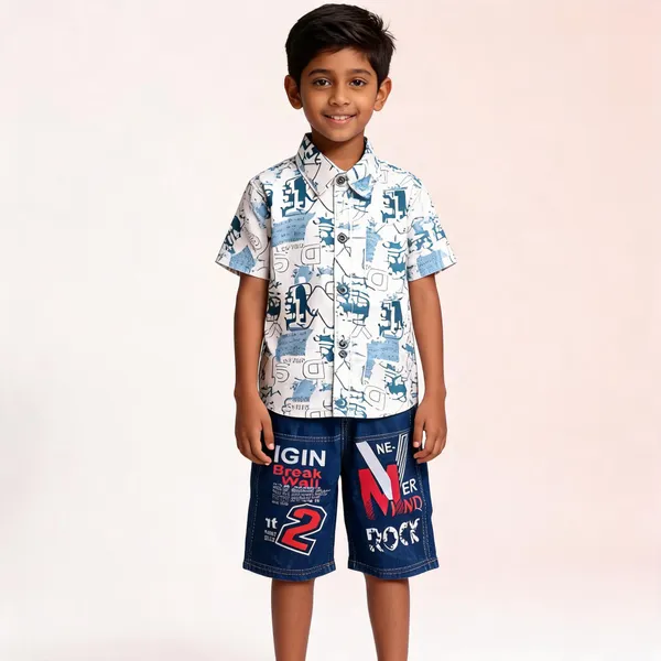 White_And_Blue_Cotton_Graphic_Shirt_&_Shorts_Set_For_Boys