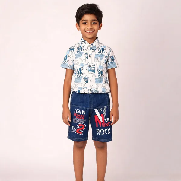 White_And_Blue_Cotton_Graphic_Shirt_&_Shorts_Set_For_Boys