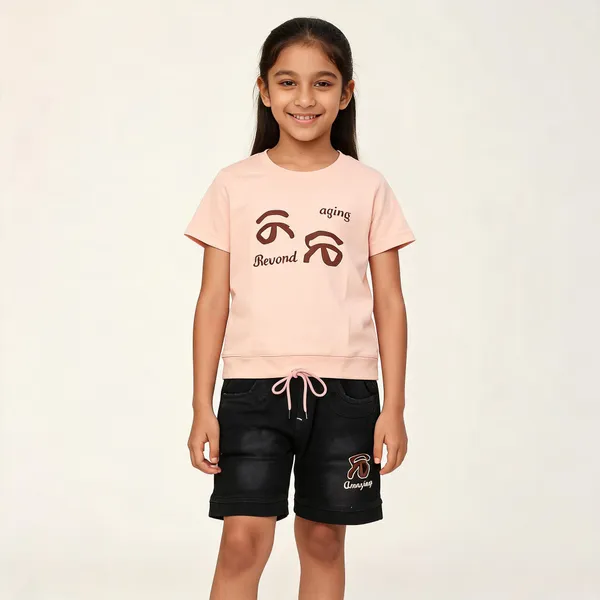 Pink_Black_Cotton_Relaxed_Fit_T-Shirt_And_Shorts_Set_For_Kids