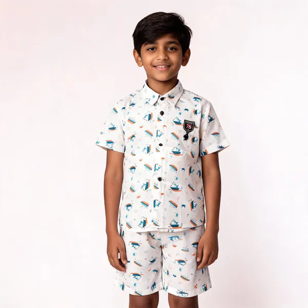 White_Cotton_Nautical_Print_Shirt_&_Shorts_Set_For_Boys
