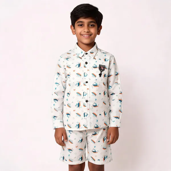 White_Cotton_Nautical_Print_Shirt_&_Shorts_Set_For_Boys