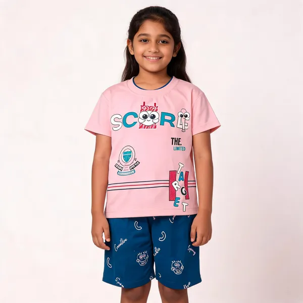 Pink_Cotton_Graphic_T-Shirt_&_Shorts_Set_For_Kids