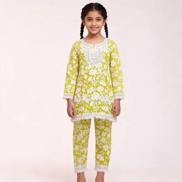 Green_Cotton_Floral_Kurta_Pant_Set_For_Girls