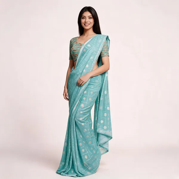 Aqua_Silk_Floral_Print_Saree_For_Women