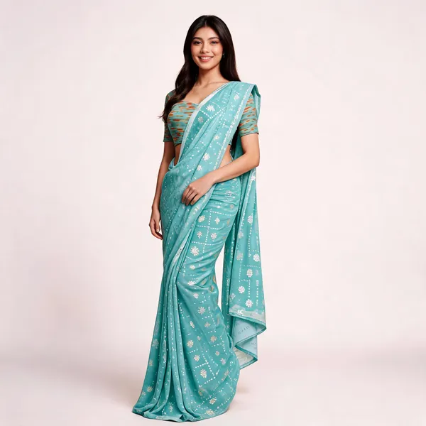 Aqua_Silk_Floral_Print_Saree_For_Women