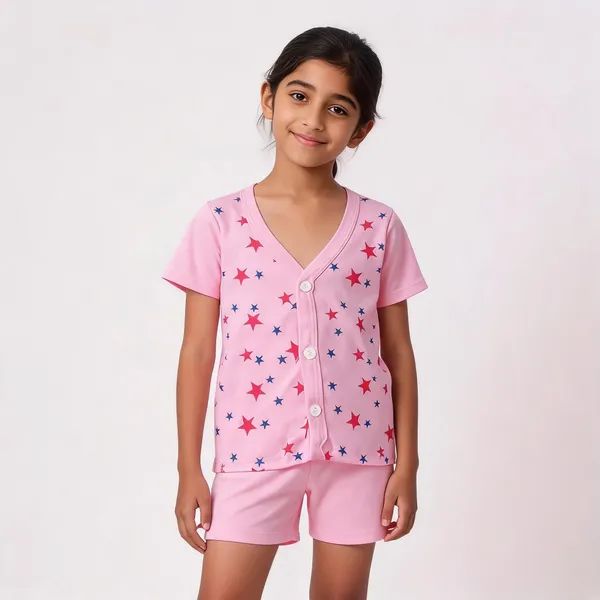 Pink_Cotton_Star_Print_T-Shirt_Shorts_Set_For_Kids