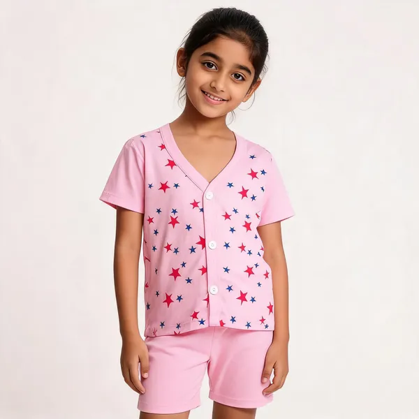 Pink_Cotton_Star_Print_T-Shirt_Shorts_Set_For_Kids