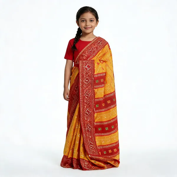Red_And_Mustard_Silk_Printed_Saree_For_Girls