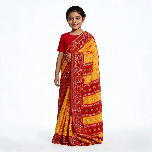 Red_And_Mustard_Silk_Printed_Saree_For_Girls