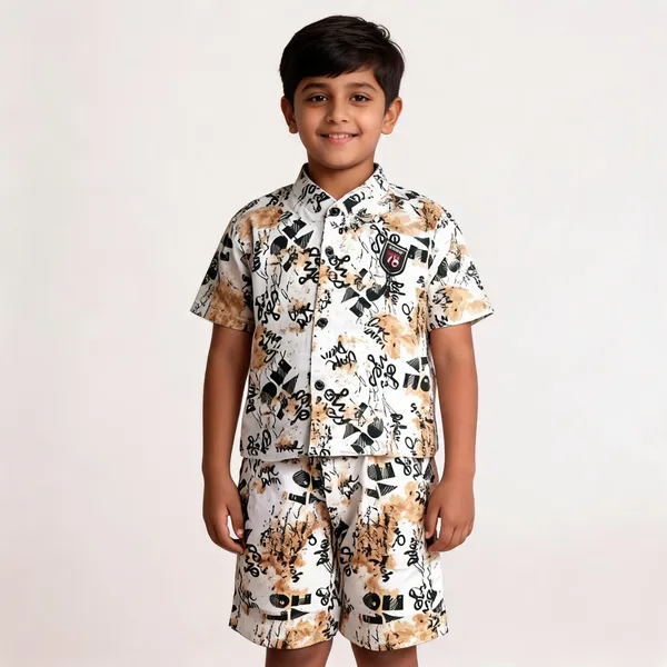White_Cotton_Printed_Shirt_And_Shorts_Set_For_Boys